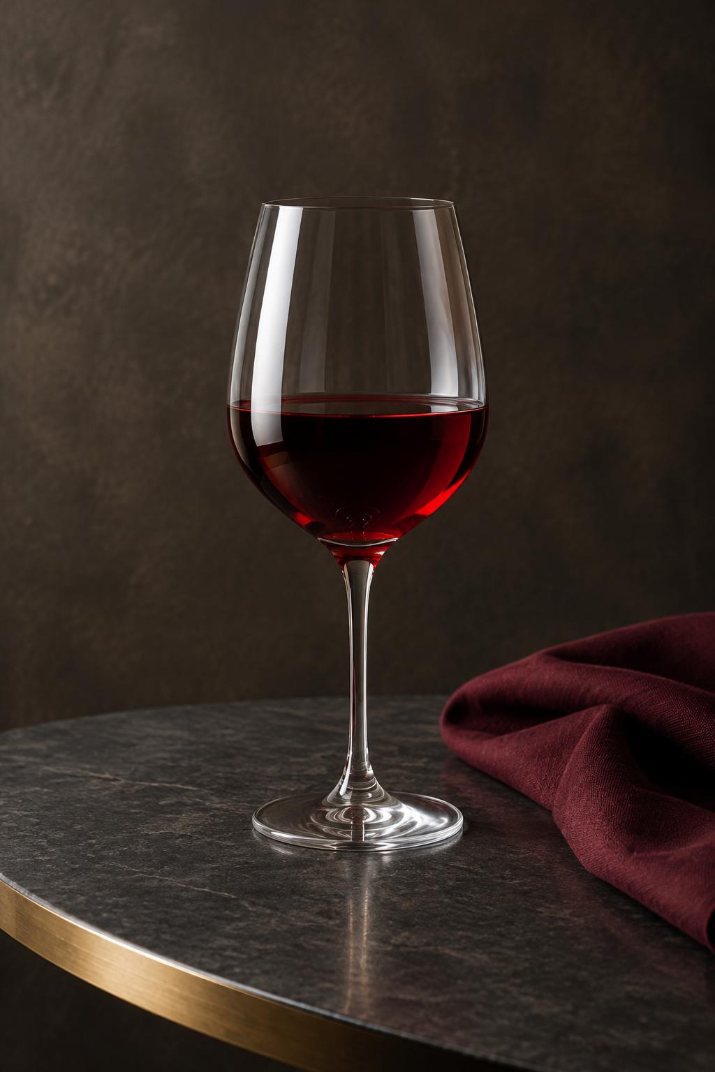 Taça de vinho tinto em uma composição com tecido vinho e detalhes dourados
